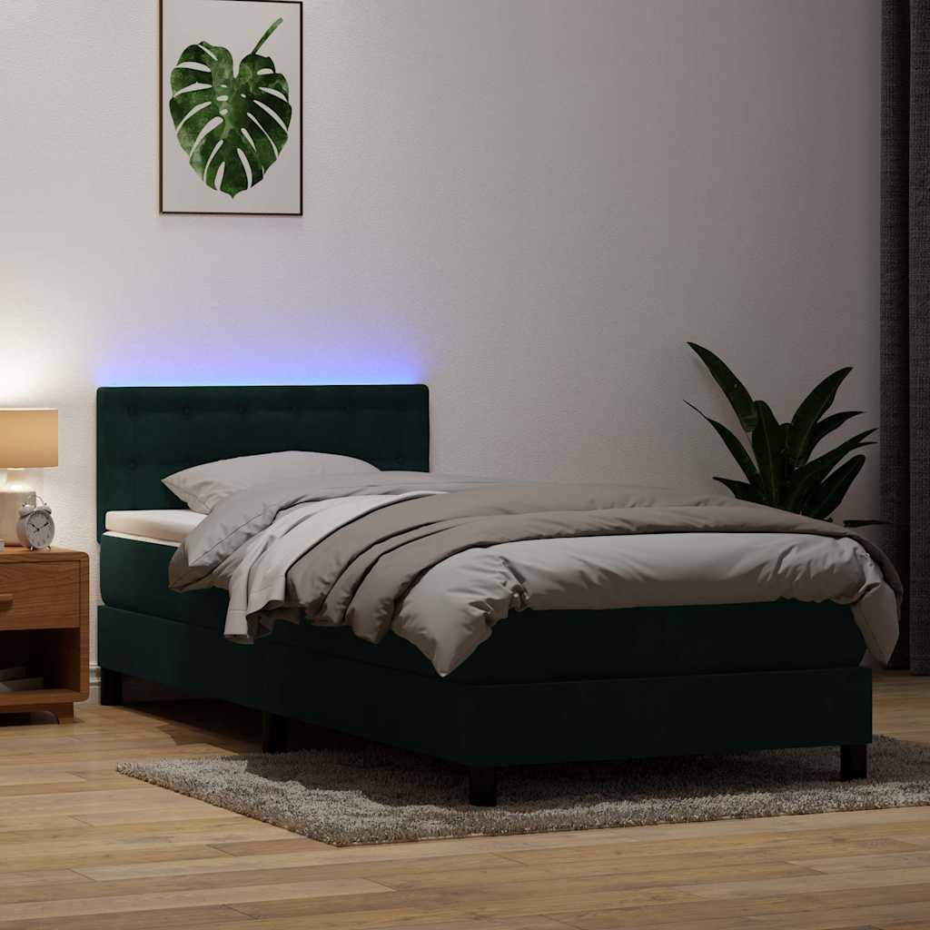 vidaXL Κρεβάτι Boxspring με Στρώμα & LED σκούρο πράσινο 80x220εκ. Βελούδινο