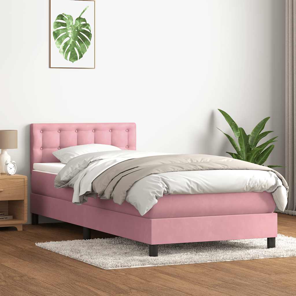 vidaXL Κρεβάτι Boxspring με Στρώμα & LED Ροζ 80x220 εκ. Βελούδινο