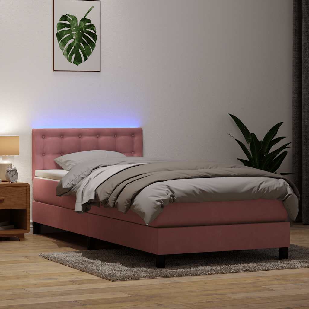 vidaXL Κρεβάτι Boxspring με Στρώμα & LED Ροζ 80x220 εκ. Βελούδινο