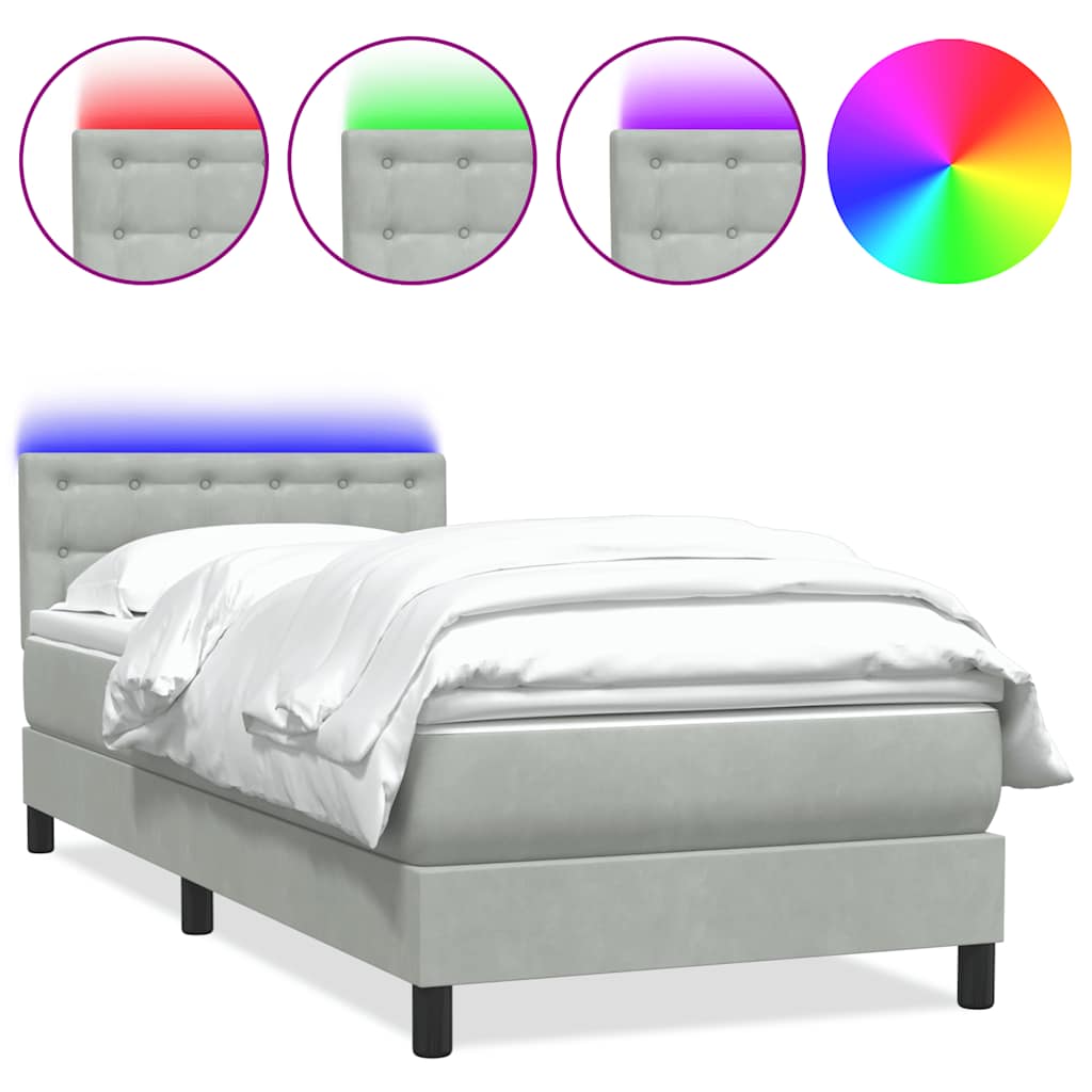 vidaXL Κρεβάτι Boxspring με Στρώμα & LED ανοιχτό γκρι 90x220 εκ. Βελούδινο