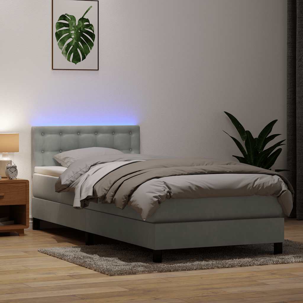 vidaXL Κρεβάτι Boxspring με Στρώμα & LED ανοιχτό γκρι 90x220 εκ. Βελούδινο