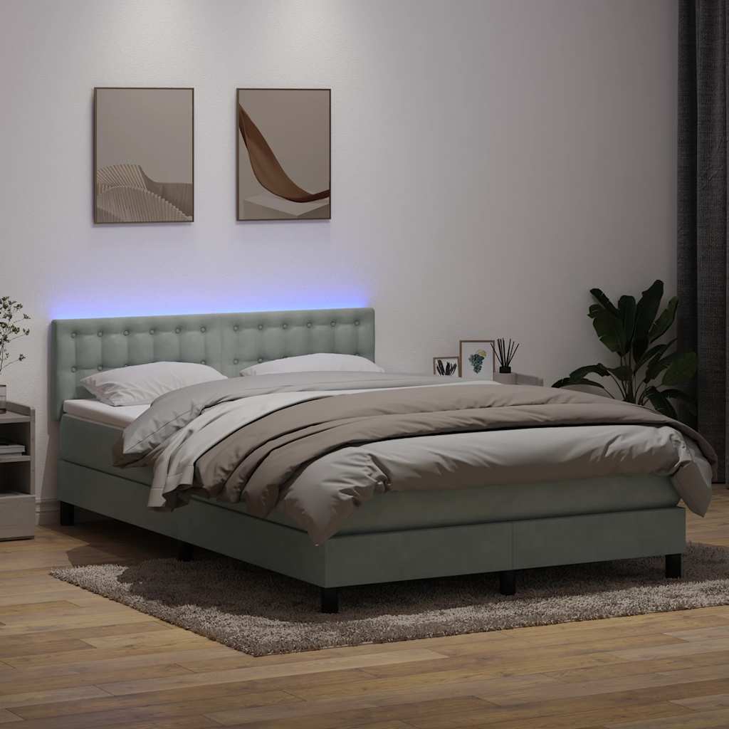 vidaXL Κρεβάτι Boxspring με Στρώμα & LED Ανοιχτό Γκρι 160x220 εκ. Βελούδινο