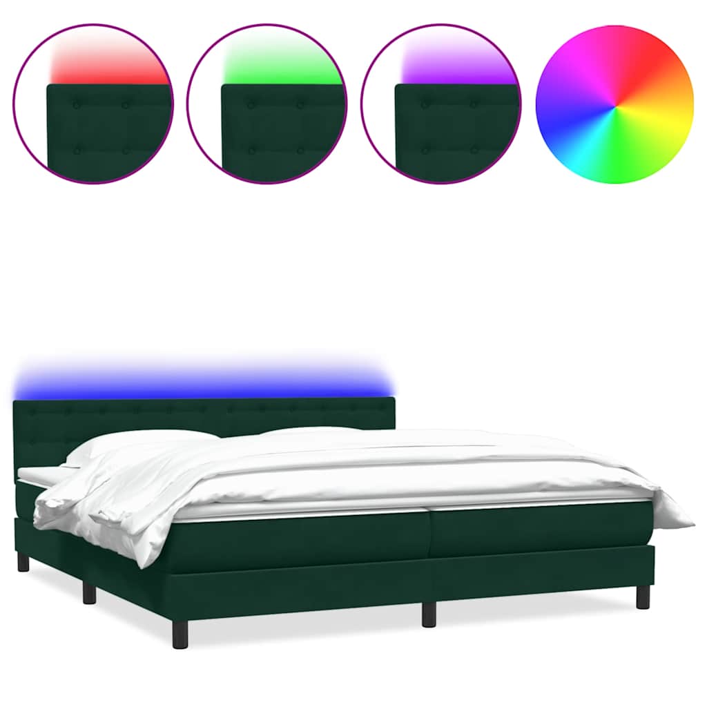 vidaXL Κρεβάτι Boxspring με Στρώμα & LED σκούρο πράσινο 180x220cm Βελούδινο