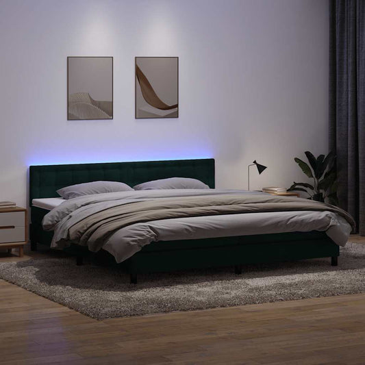 vidaXL Κρεβάτι Boxspring με Στρώμα & LED σκούρο πράσινο 180x220cm Βελούδινο