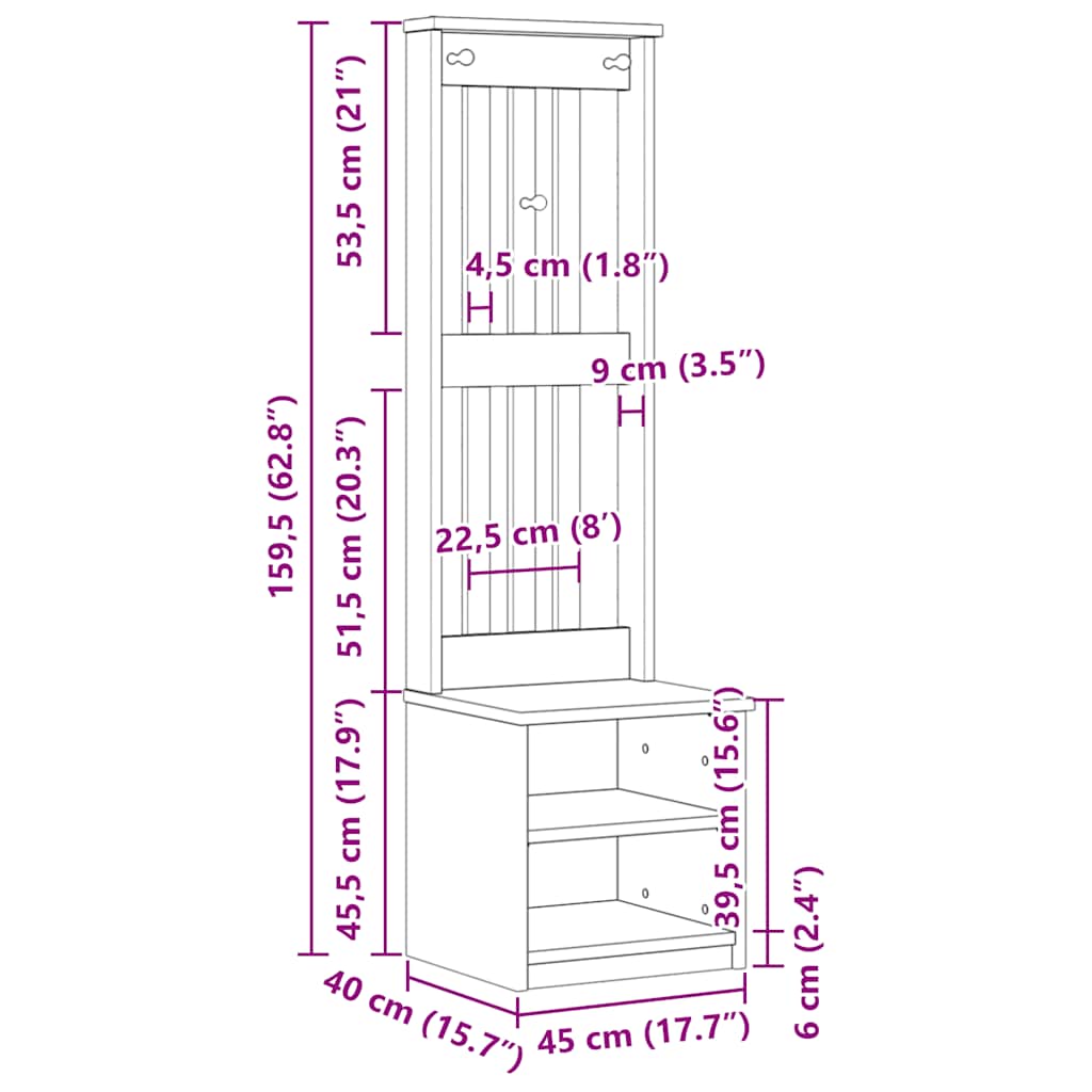 vidaXL Δέντρο χωλ "SANDNES" 45x40x159,5 εκ.Πεύκο μασίφ ξύλο