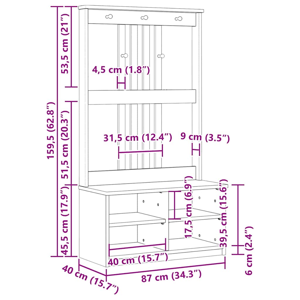 vidaXL Δέντρο χωλ "SANDNES" 87x40x159,5 εκ. Πεύκο μασίφ ξύλο