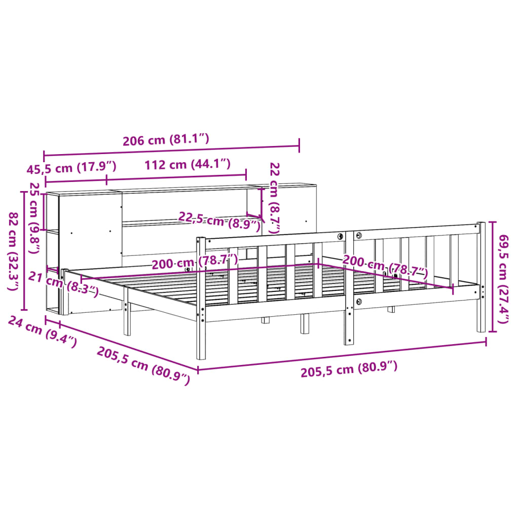 vidaXL Κρεβάτι Βιβλιοθήκη Χωρίς Στρώμα 200x200 εκ Μασίφ Ξύλο Πεύκου