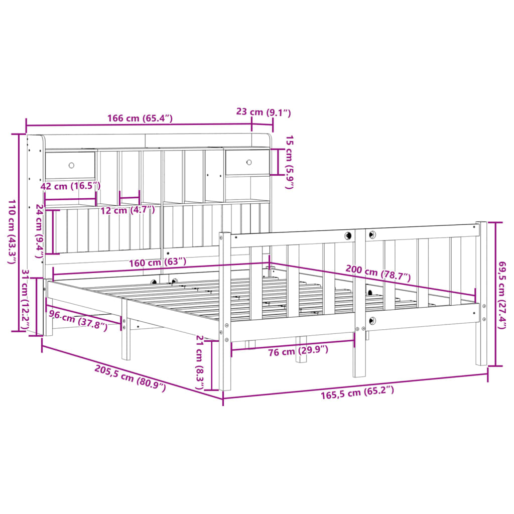 vidaXL Κρεβάτι Βιβλιοθήκη Χωρίς Στρώμα 160x200 εκ Μασίφ Ξύλο Πεύκου