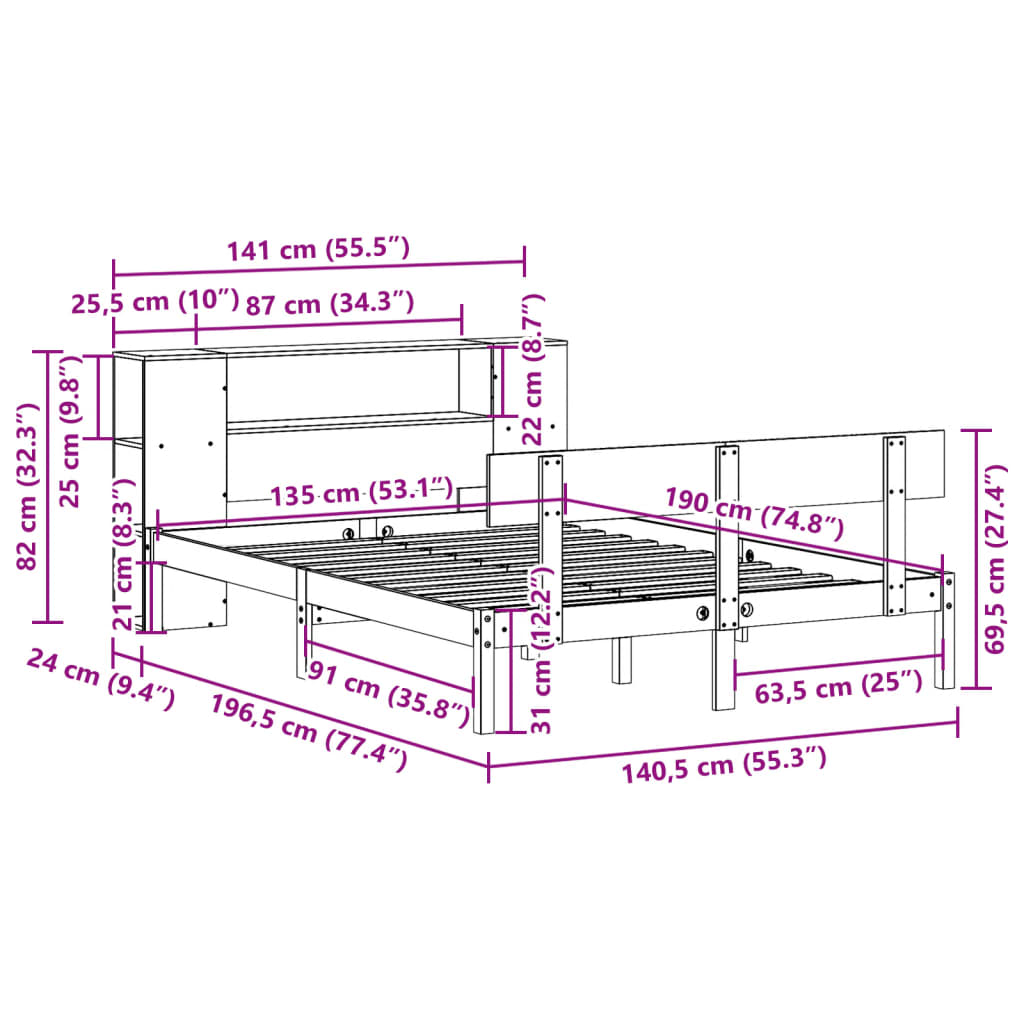vidaXL Κρεβάτι Βιβλιοθήκη Χωρίς Στρώμα Λευκό 135x190 εκ Μασίφ Πεύκο