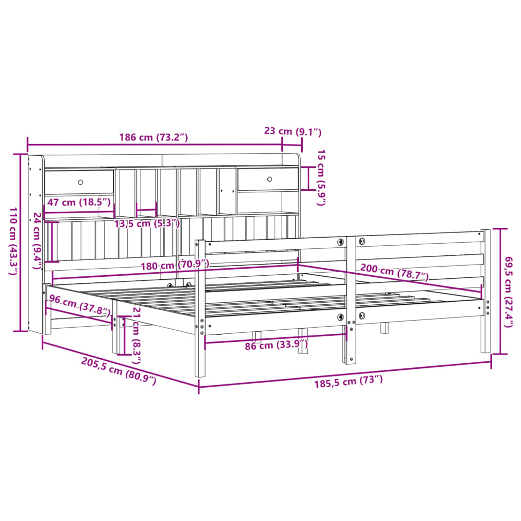 vidaXL Κρεβάτι Βιβλιοθήκη Χωρίς Στρώμα 180x200 εκ Μασίφ Ξύλο Πεύκου