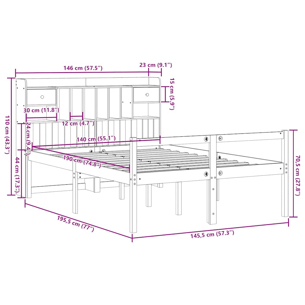 vidaXL Κρεβάτι Βιβλιοθήκη Χωρίς Στρώμα 140x190 εκ Μασίφ Ξύλο Πεύκου