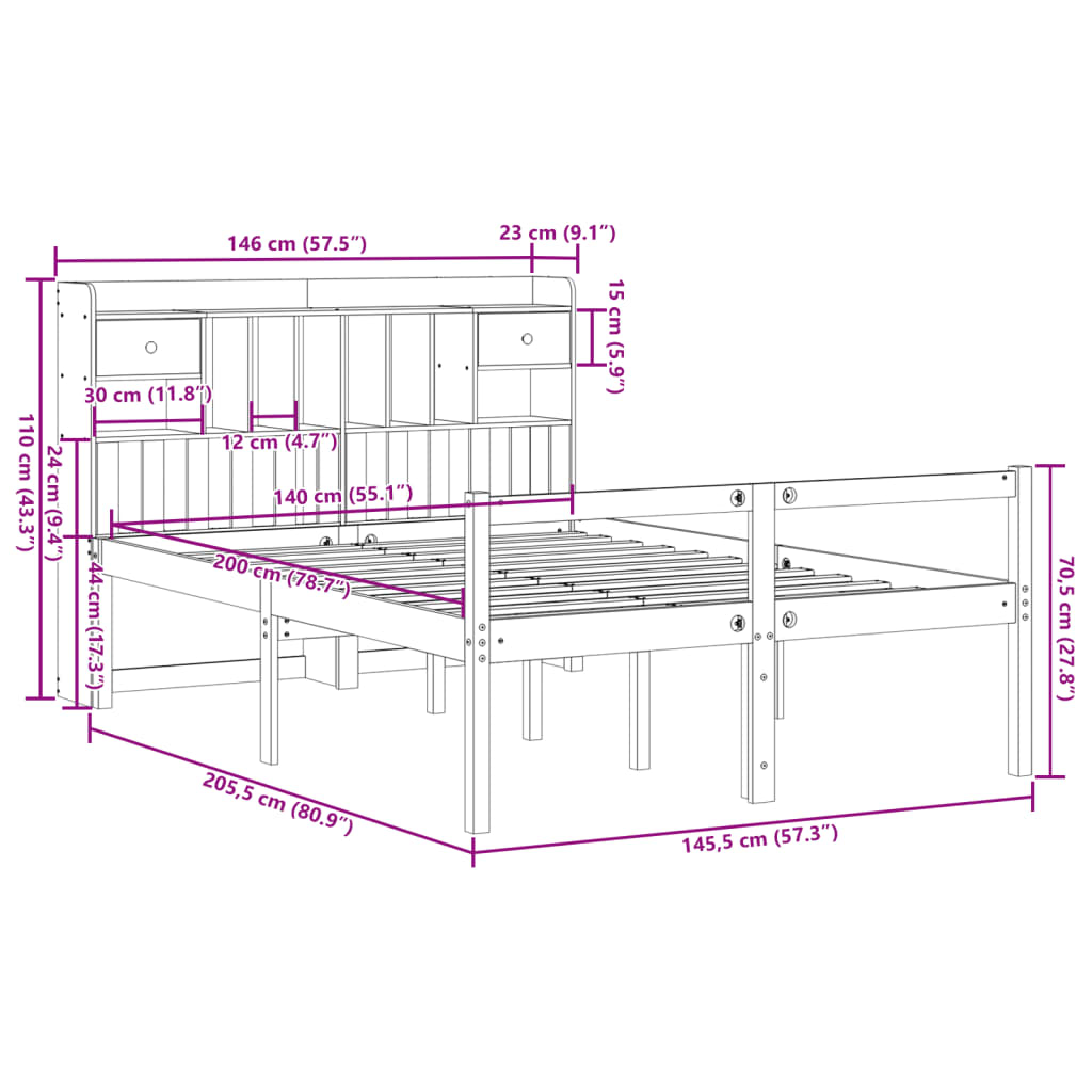 vidaXL Κρεβάτι Βιβλιοθήκη Χωρίς Στρώμα 140x200 εκ Μασίφ Ξύλο Πεύκου