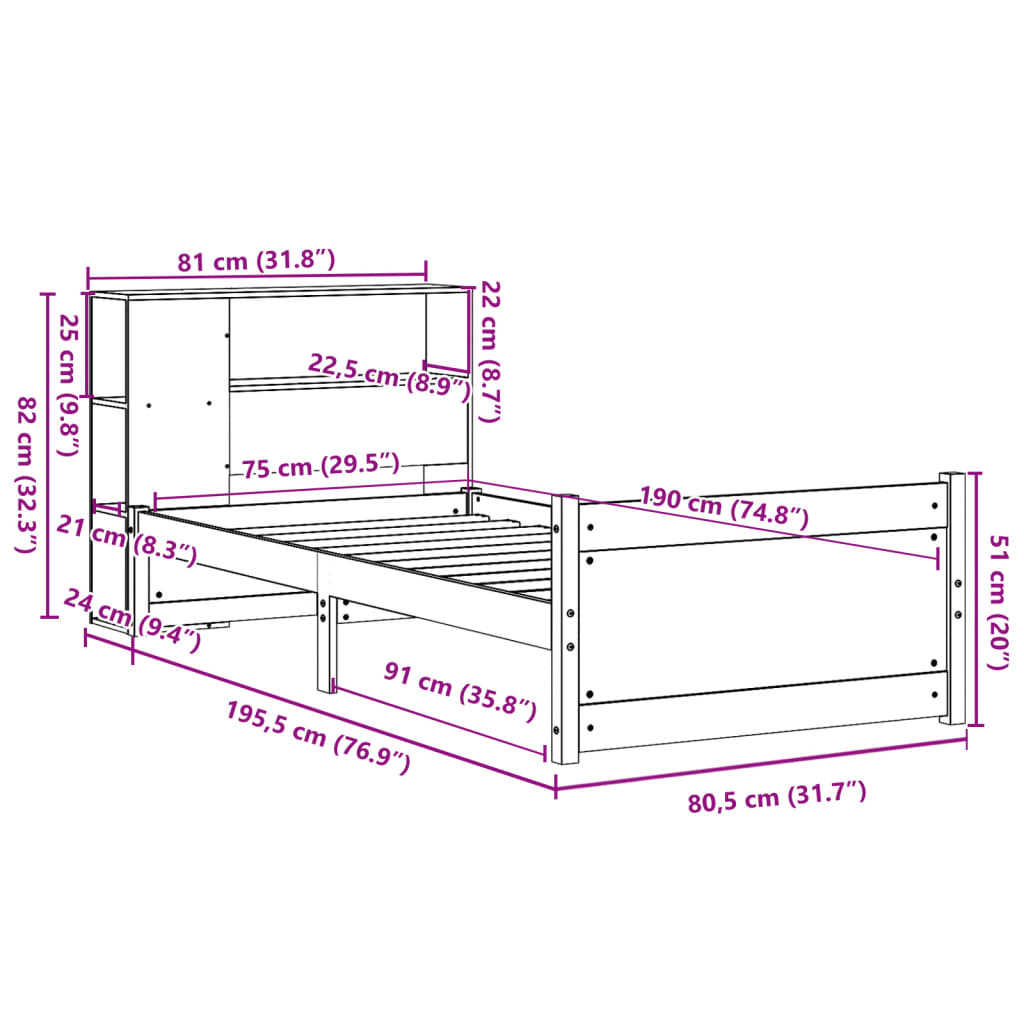 vidaXL Κρεβάτι Βιβλιοθήκη Χωρίς Στρώμα 75x190 εκ Μασίφ Ξύλο Πεύκο