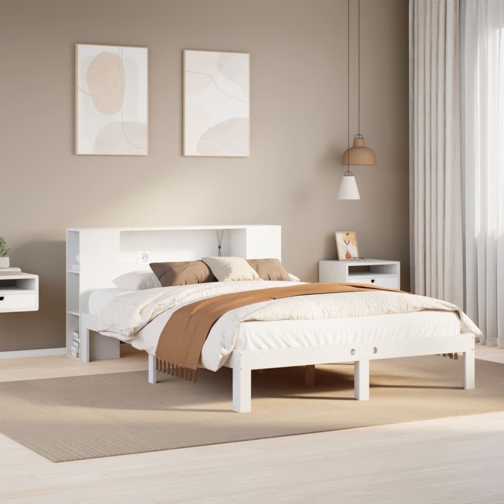 vidaXL Κρεβάτι Βιβλιοθήκη Χωρίς Στρώμα Λευκό 135x190 εκ Μασίφ Πεύκο