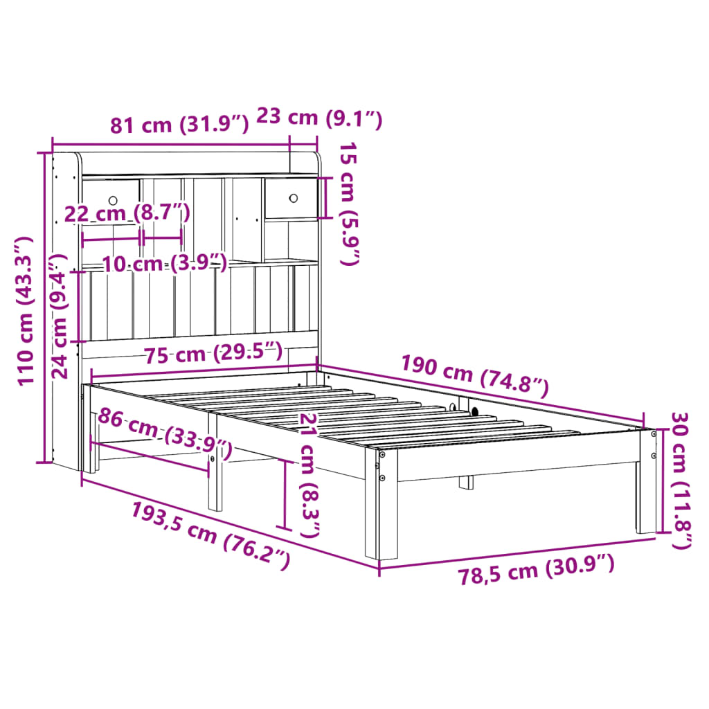 vidaXL Κρεβάτι Βιβλιοθήκη Χωρίς Στρώμα 75x190 εκ Μασίφ Ξύλο Πεύκου