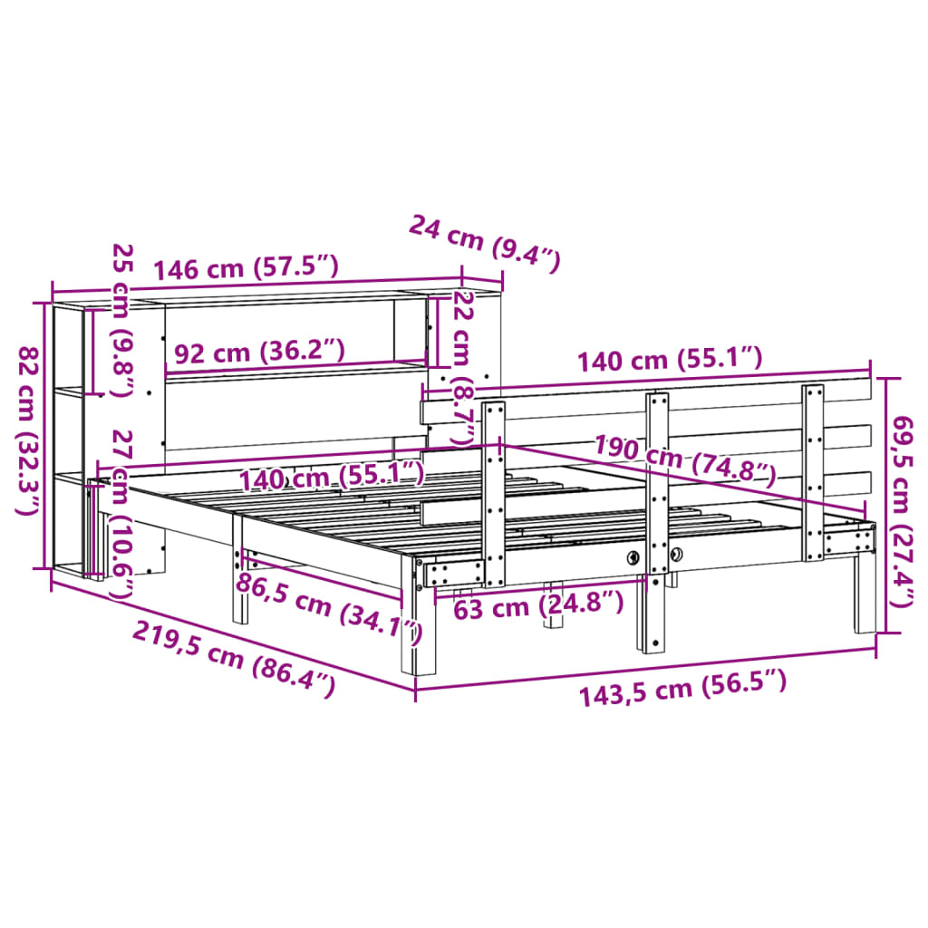 vidaXL Κρεβάτι Βιβλιοθήκη Χωρίς Στρώμα 140x190 εκ Μασίφ Ξύλο Πεύκου