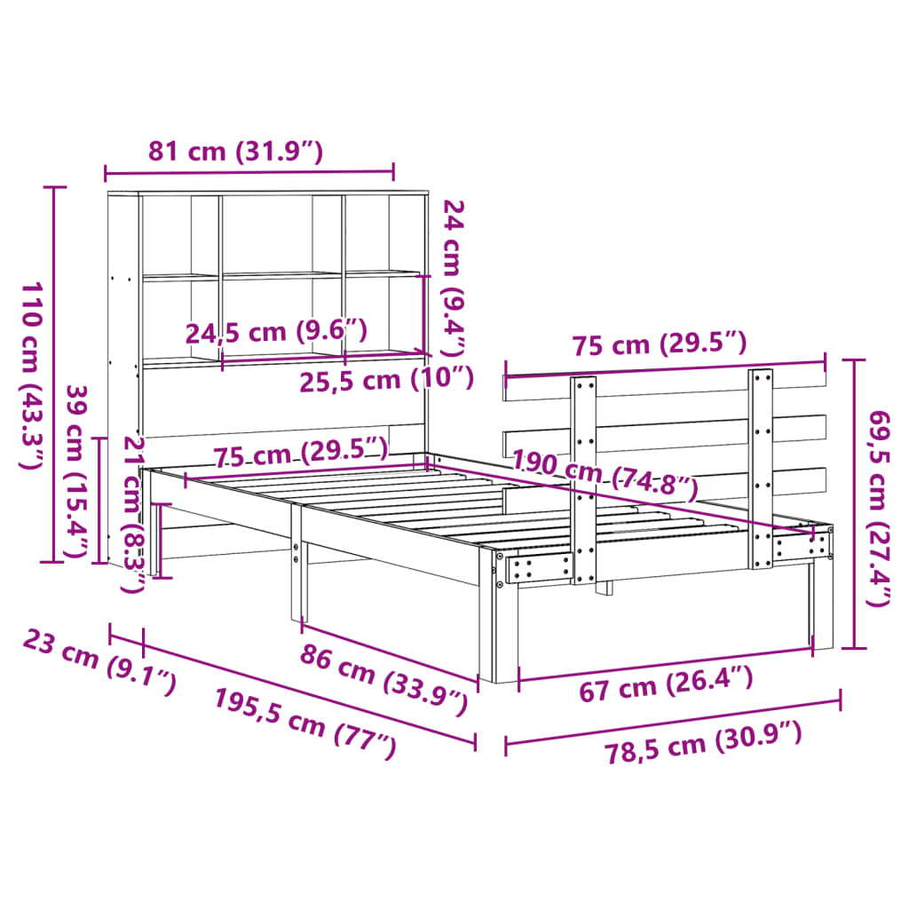 vidaXL Κρεβάτι Βιβλιοθήκη Χωρίς Στρώμα 75x190 εκ Μασίφ Ξύλο Πεύκου