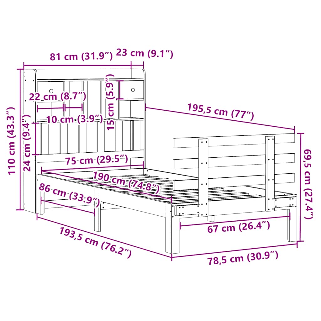 vidaXL Κρεβάτι Βιβλιοθήκη Χωρίς Στρώμα 75x190 εκ Μασίφ Ξύλο Πεύκου