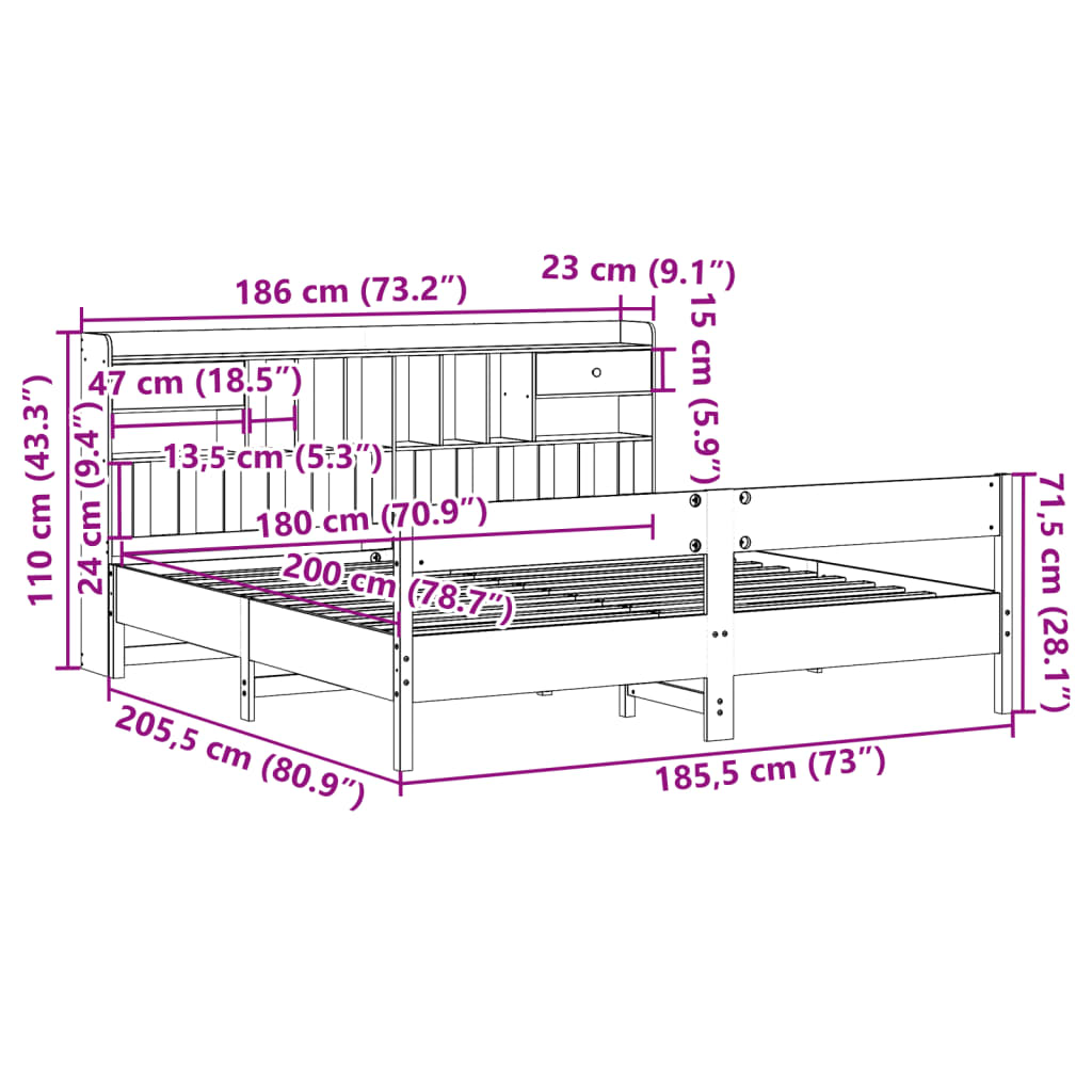 vidaXL Κρεβάτι Βιβλιοθήκη Χωρίς Στρώμα 180x200 εκ Μασίφ Ξύλο Πεύκου