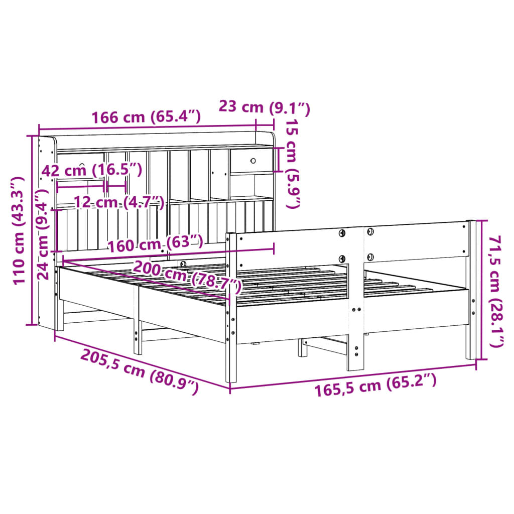 vidaXL Κρεβάτι Βιβλιοθήκη Χωρίς Στρώμα 160x200 εκ Μασίφ Ξύλο Πεύκου
