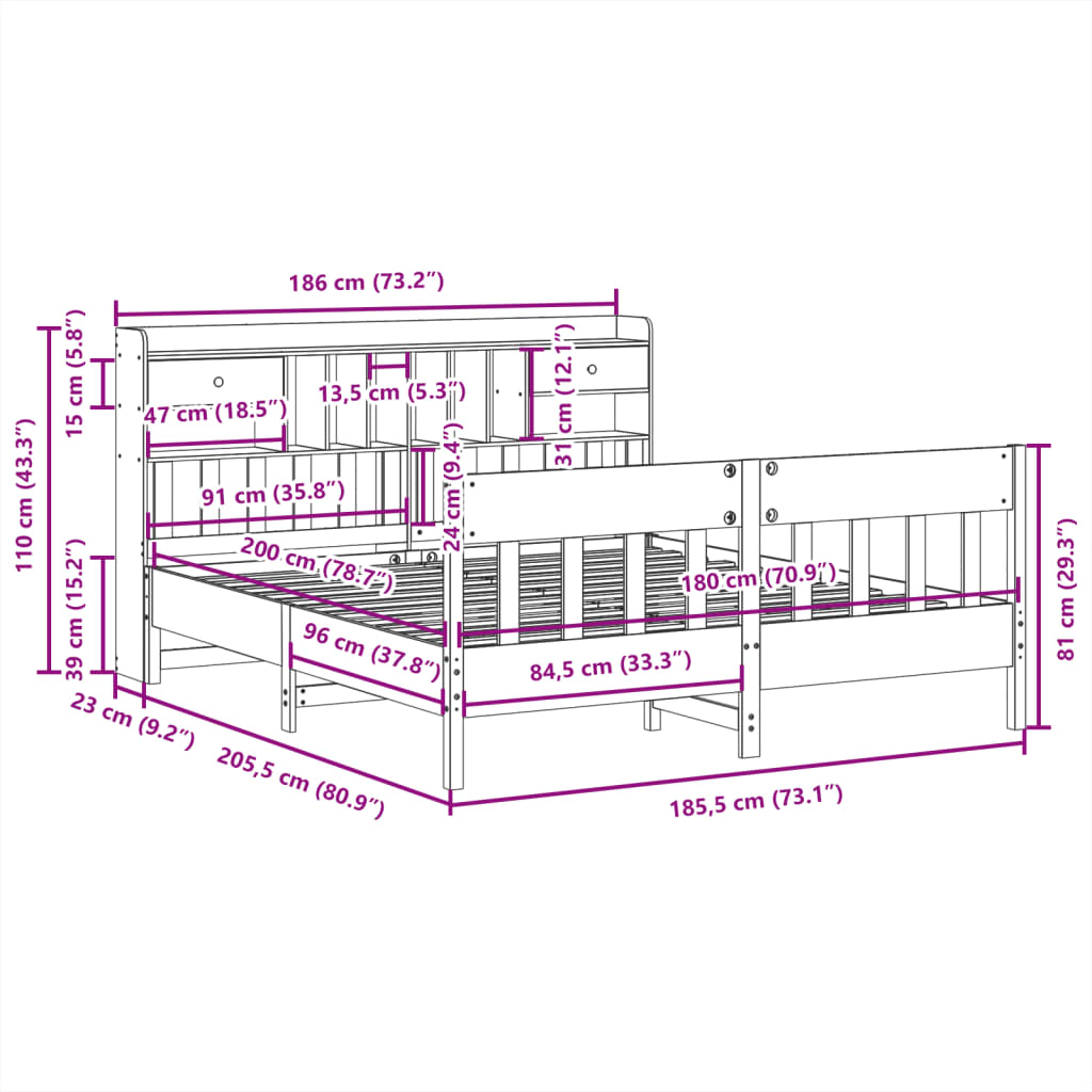 vidaXL Σκελετός Κρεβατιού Χωρίς Στρώμα 180x200 εκ Μασίφ Ξύλο Πεύκου