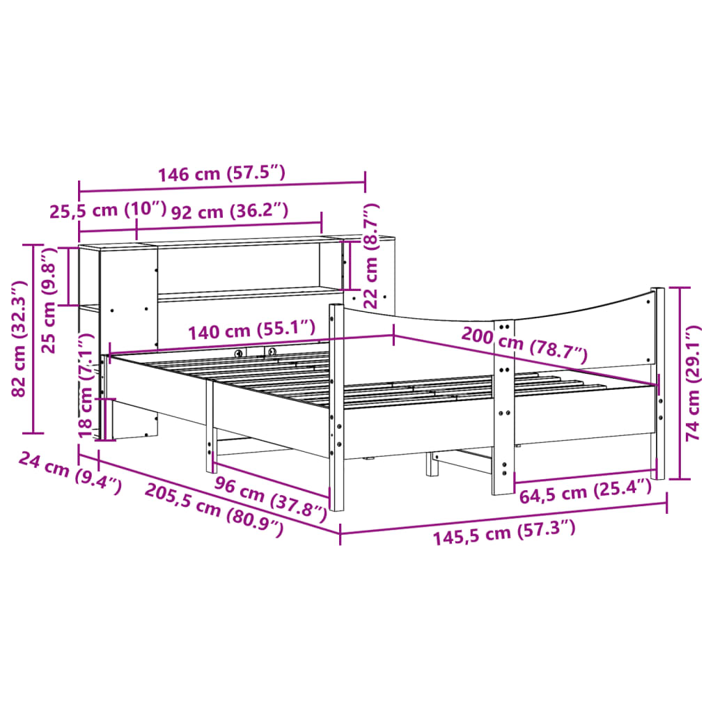 vidaXL Σκελετός Κρεβατιού Χωρίς Στρώμα Καφέ 140x200 Μασίφ Ξύλο Πεύκου