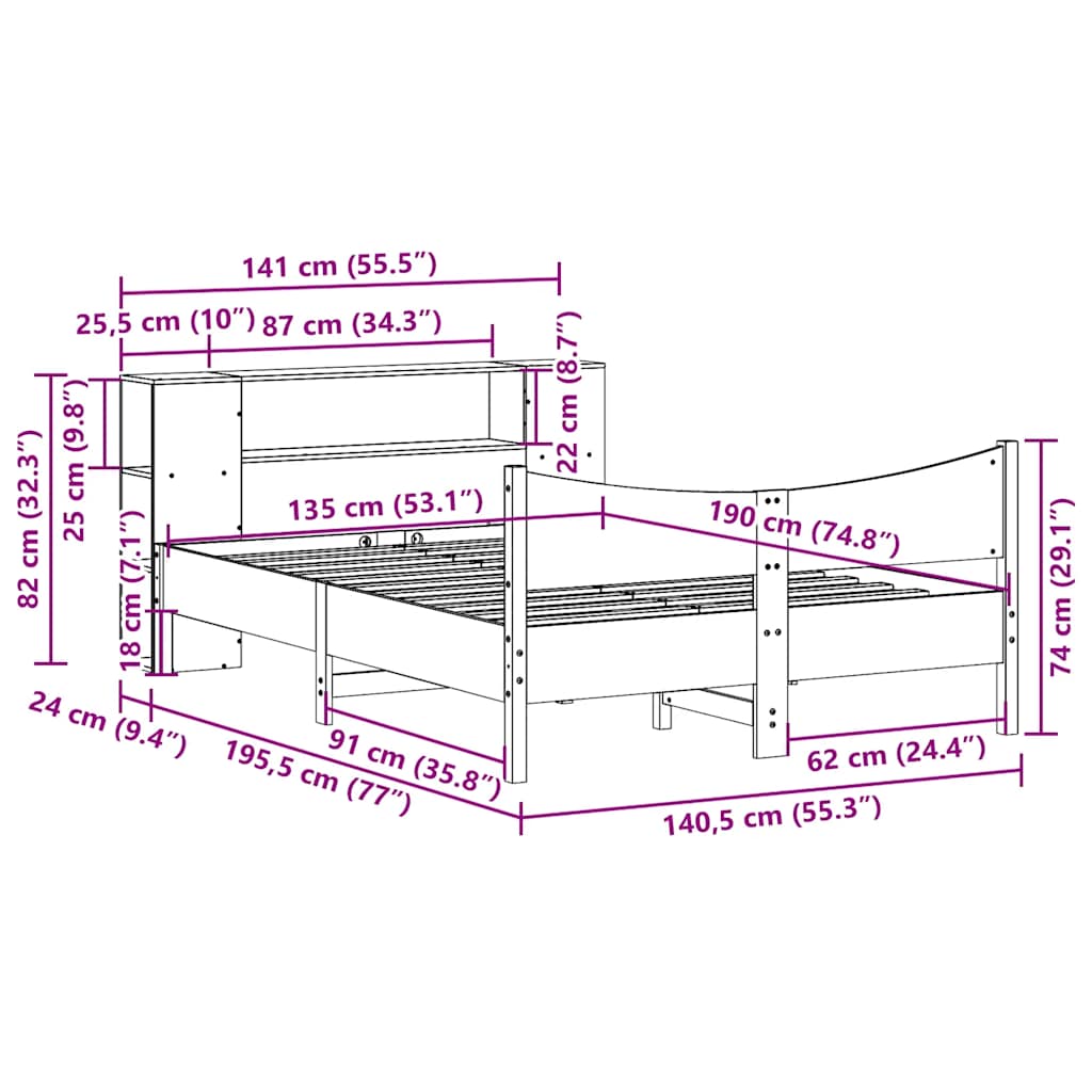 vidaXL Σκελετός Κρεβ. Χωρίς Στρώμα Καφέ Κεριού 135x190 εκ Μασίφ Πεύκο