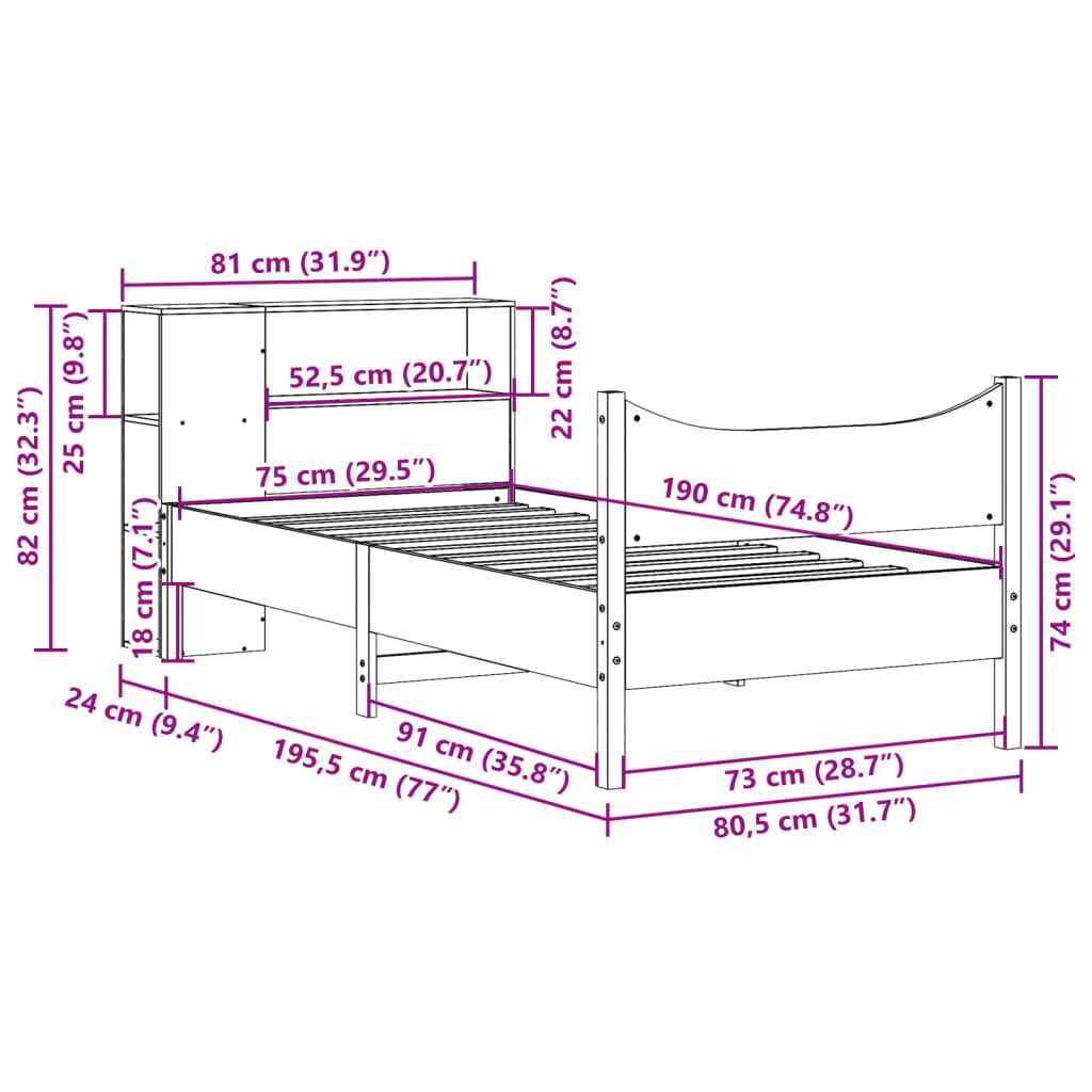 vidaXL Σκελετός Κρεβ. Χωρίς Στρώμα Λευκό 75x190 εκ Μασίφ Πεύκο