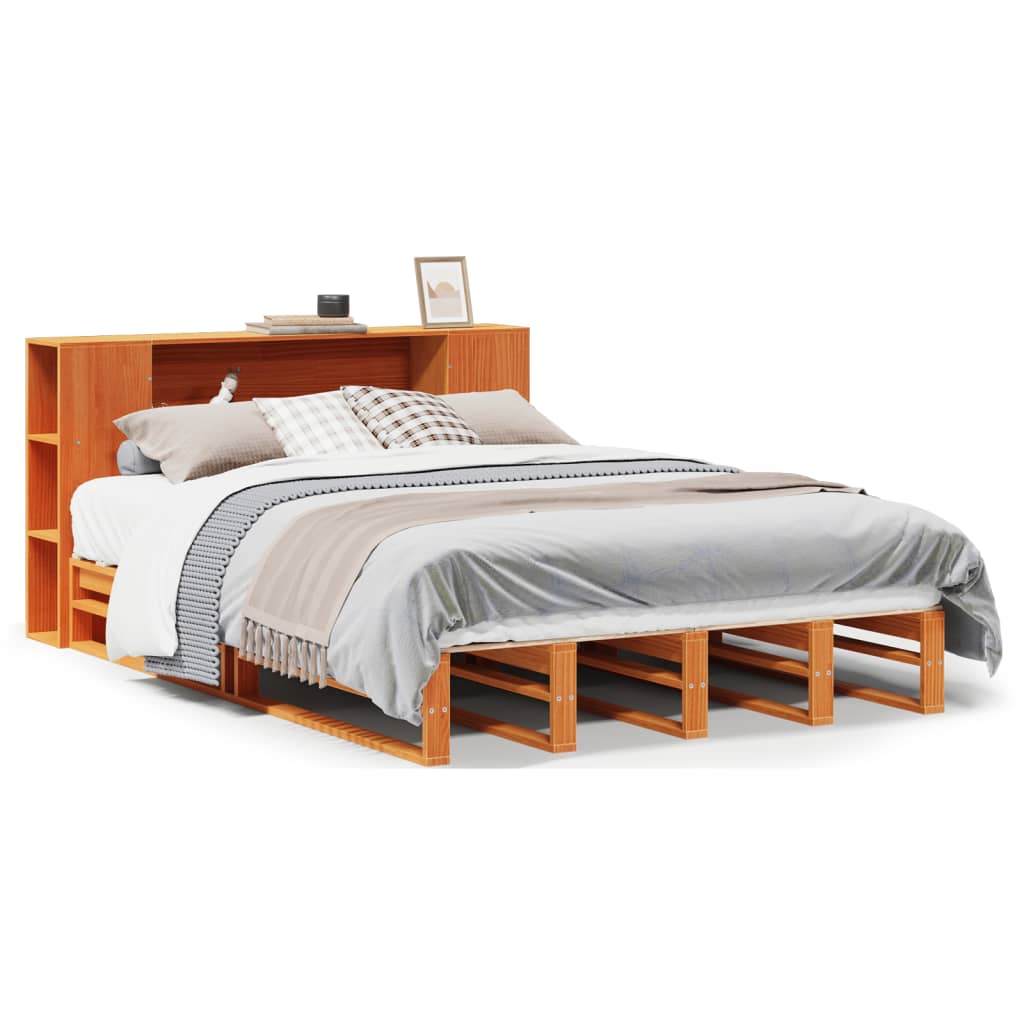 vidaXL Κρεβάτι Βιβλιοθήκη Χωρίς Στρώμα Καφέ 135x190 εκ Μασίφ Πεύκο