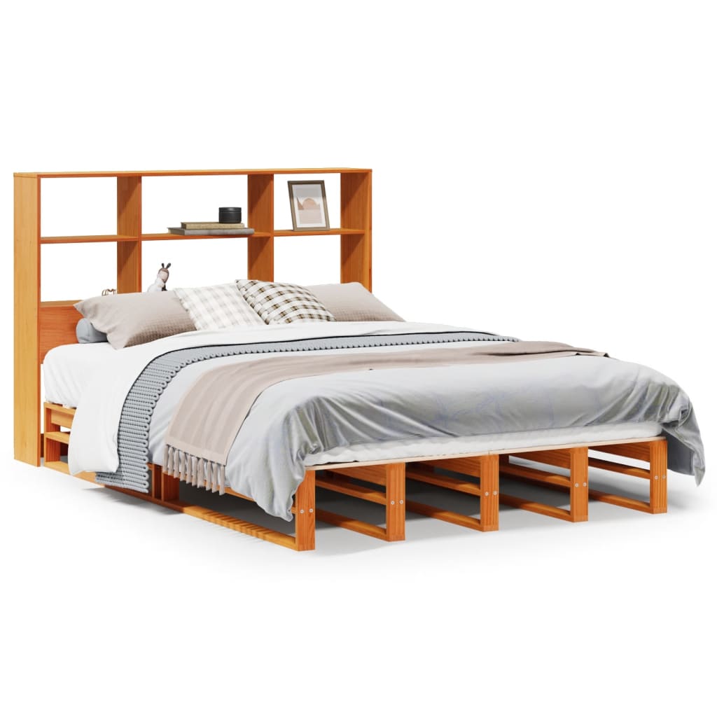 vidaXL Κρεβάτι Βιβλιοθήκη Χωρίς Στρώμα Καφέ 135x190 εκ Μασίφ Πεύκο
