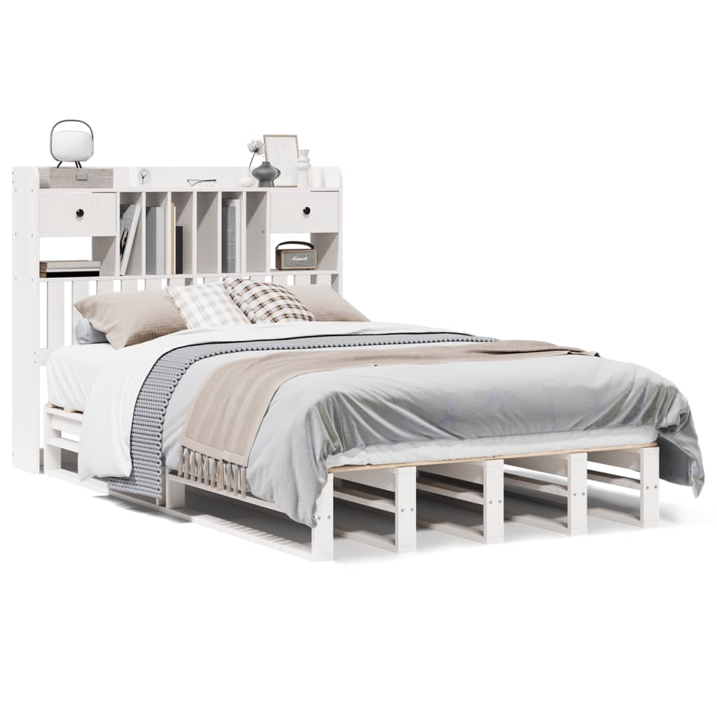 vidaXL Κρεβάτι Βιβλιοθήκη Χωρίς Στρώμα Λευκό 135x190 εκ Μασίφ Πεύκο