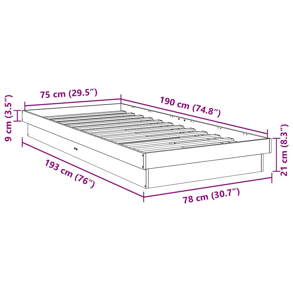 vidaXL Πλαίσιο κρεβατιού χωρίς στρώμα 75x190 cm Στερεό ξύλο δρυός