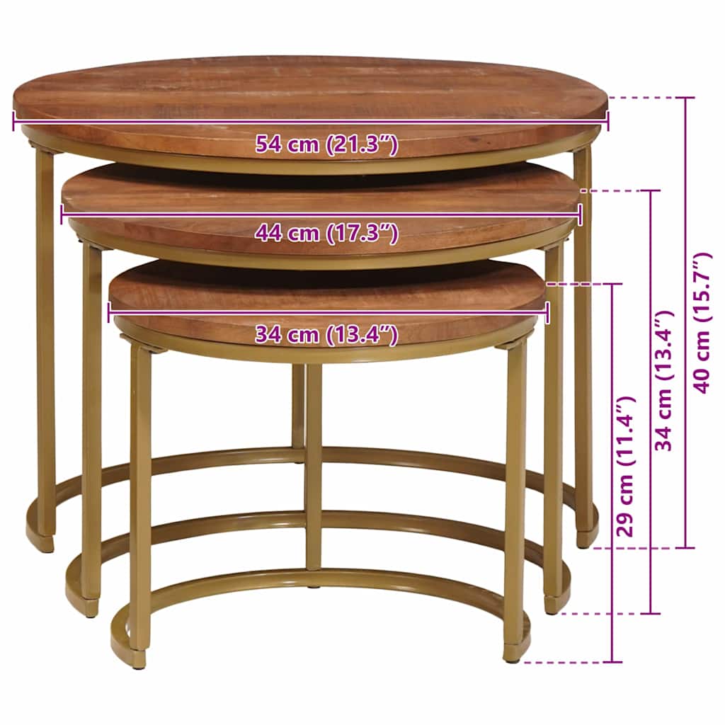 vidaXL Τραπεζάκια Καφέ Στερεών 3 pcs Μασίφ ξύλο μάνγκο και χάλυβας