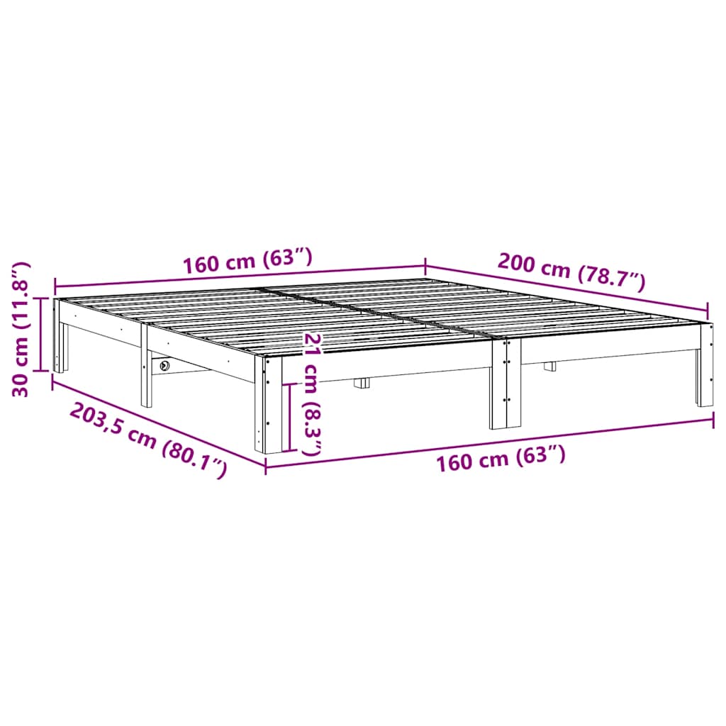 vidaXL Σκελετός Κρεβατιού Χωρίς Στρώμα 160x200 εκ Μασίφ Ξύλο Πεύκου