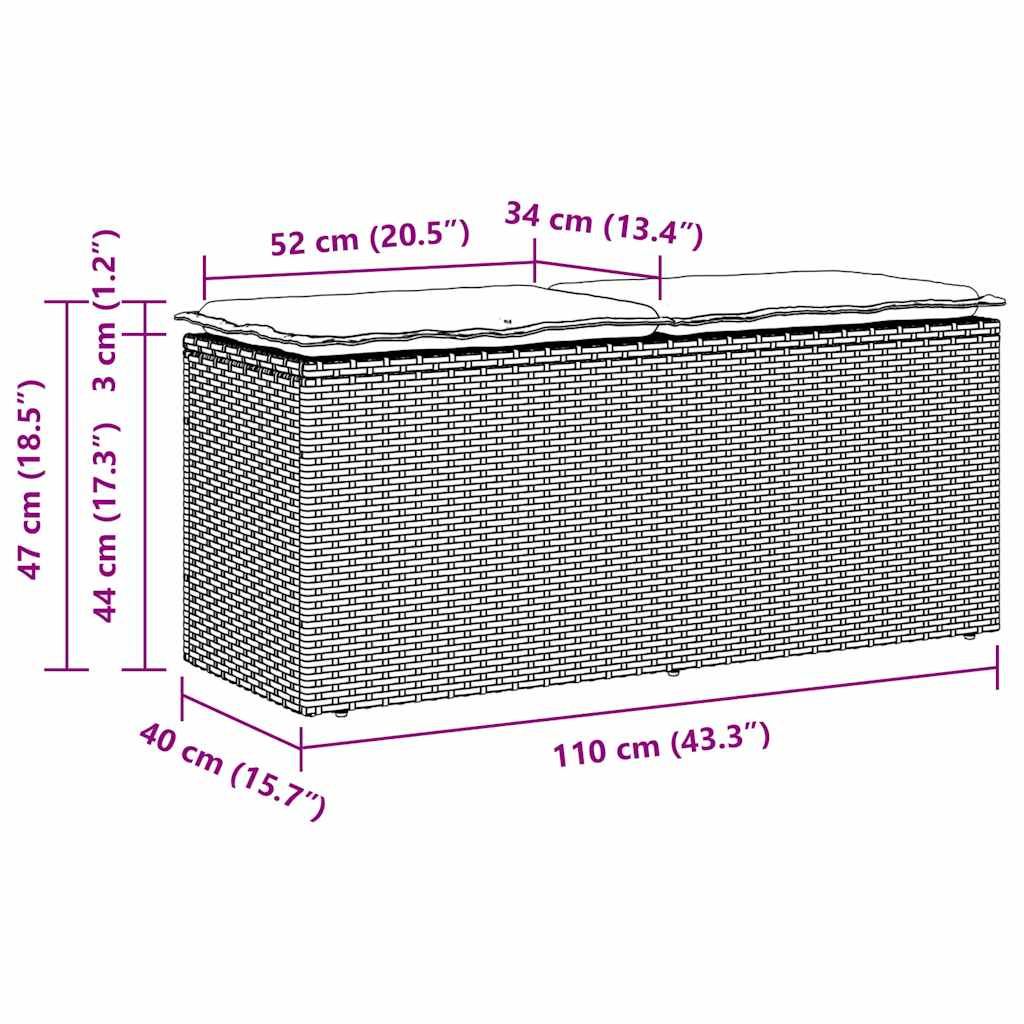 vidaXL Πάγκος κήπου με μαξιλάρι Μαύρο 110x40x44 cm Poly Rattan