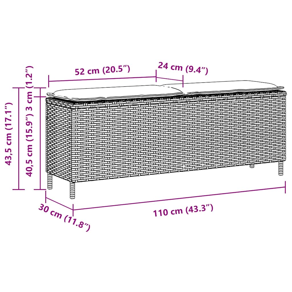 vidaXL Πάγκος κήπου με μαξιλάρι Μαύρο 110x30x40,5 cm Poly Rattan