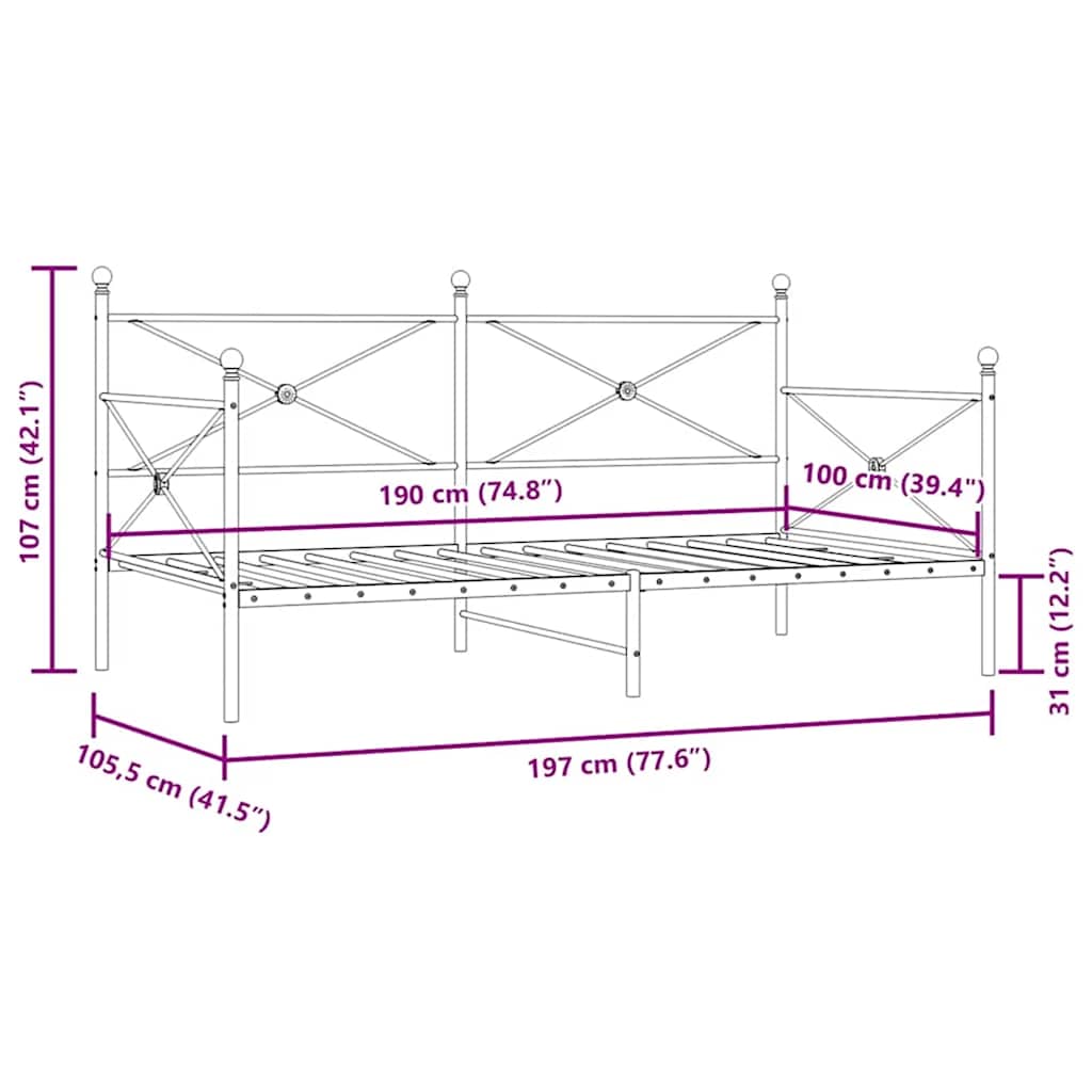 vidaXL Κρεβάτι ημέρας χωρίς στρώμα Μαύρο 100x190 cm Ατσάλι