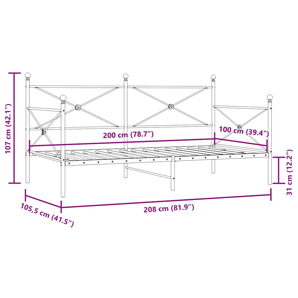 vidaXL Κρεβάτι ημέρας χωρίς στρώμα Μαύρο 100x200 cm Ατσάλι