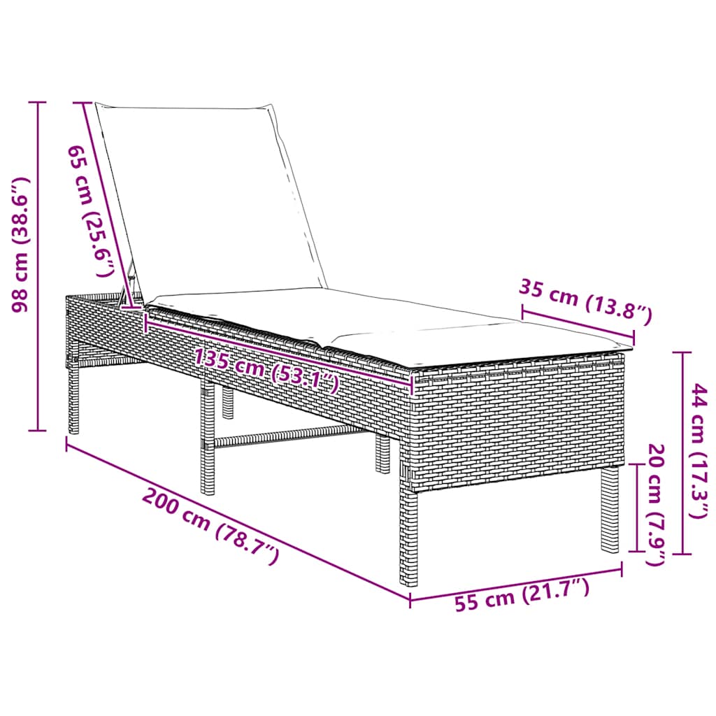 vidaXL Ξαπλώστρα με Μαξιλάρι Μαύρη 55x200x44 εκ. από Συνθετικό Ρατάν