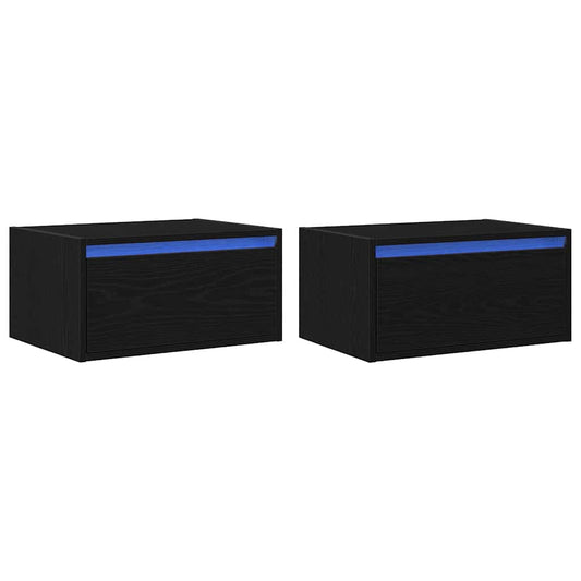 vidaXL Κομοδίνα Επιτοίχια με Φώτα LED 2 τεμ. Μαύρα Δρυς