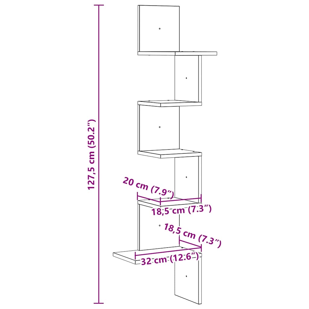 vidaXL Γωνιακή Ραφιέρα Τοίχου Παλιό Ξύλο 32x32x127,5 εκ. Μοριοσανίδα