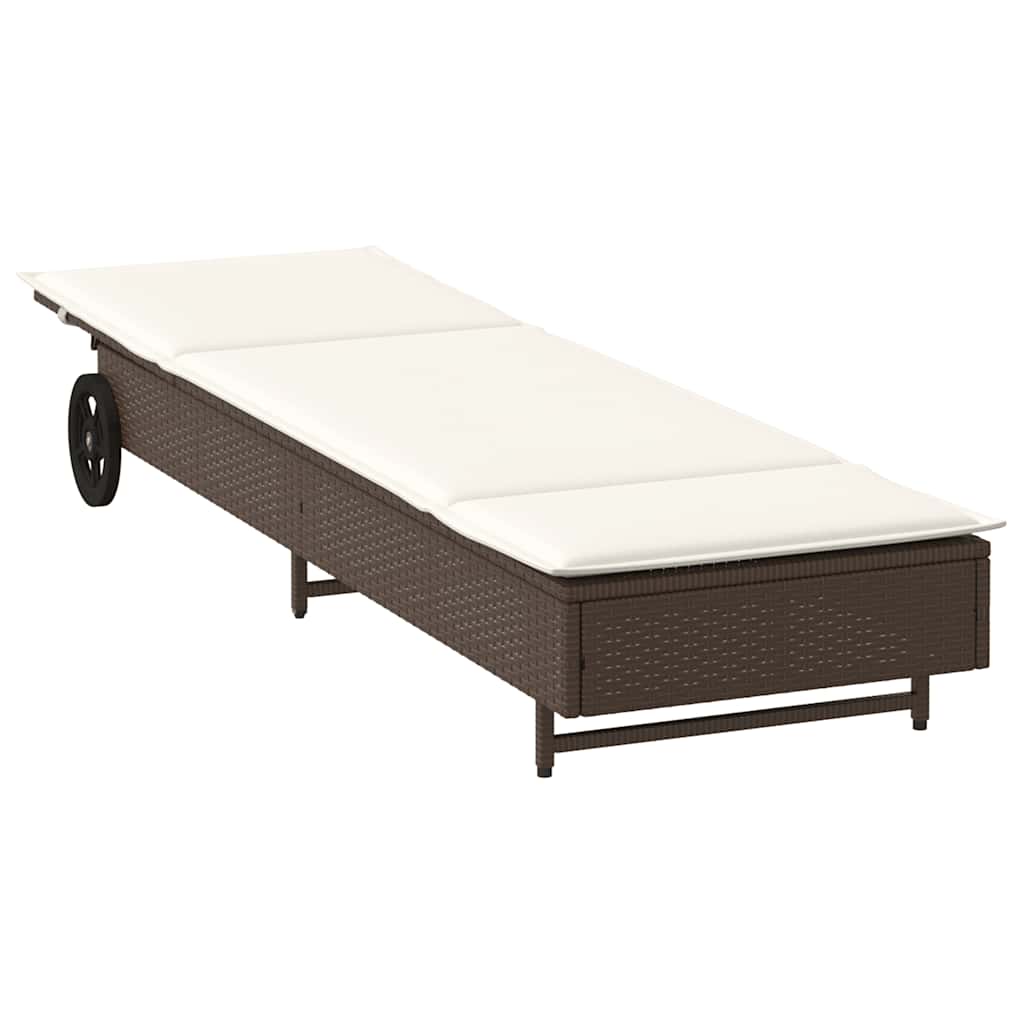 vidaXL Ξαπλώστρα Καφέ από Συνθετικό Ρατάν με Τροχούς/Μαξιλάρια