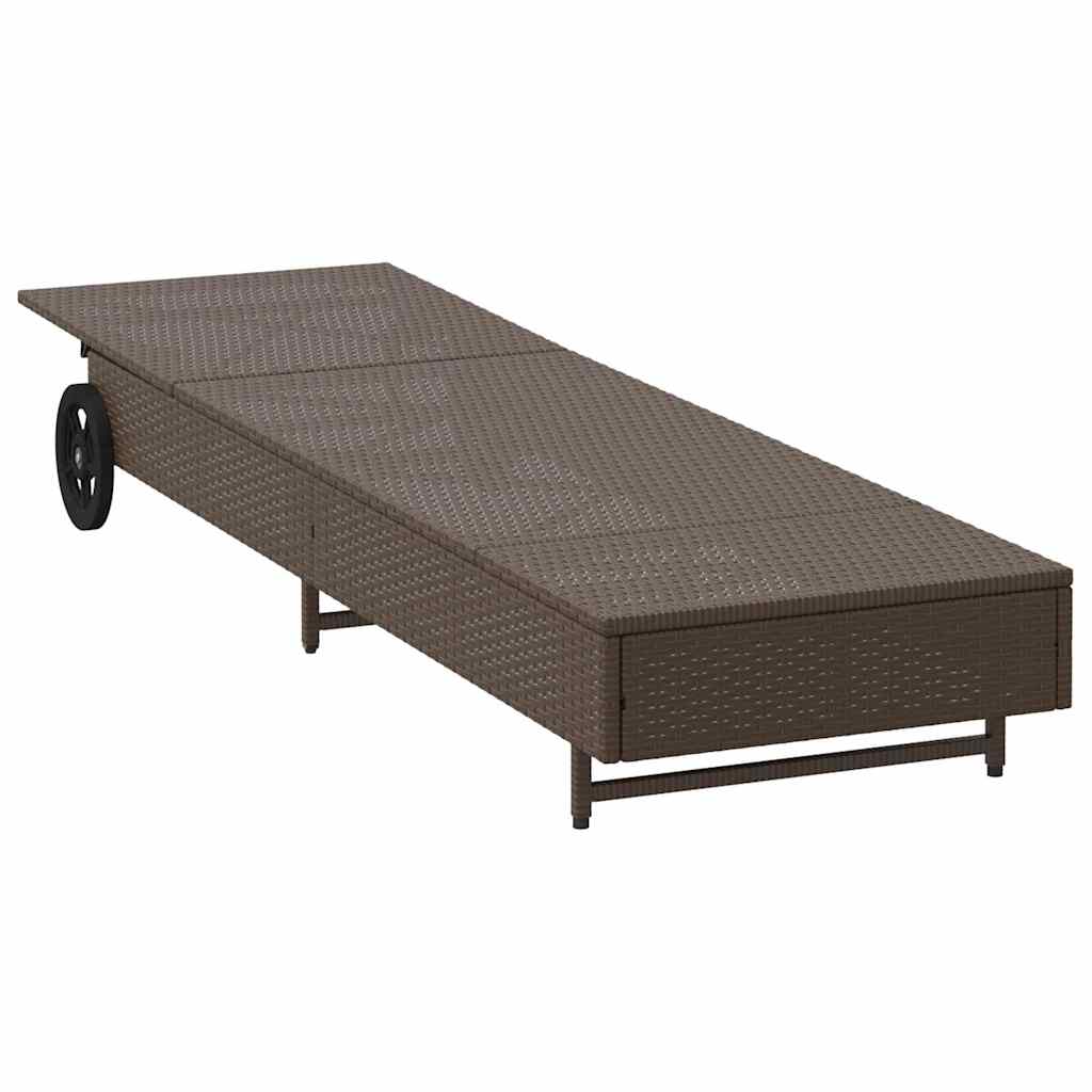 vidaXL Ξαπλώστρα Καφέ από Συνθετικό Ρατάν με Τροχούς/Μαξιλάρια