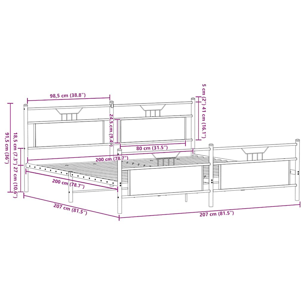 vidaXL Σκελετός Κρεβ. Χωρίς Στρώμα Καφέ Δρυς 200x200 εκ. Μεταλλικό