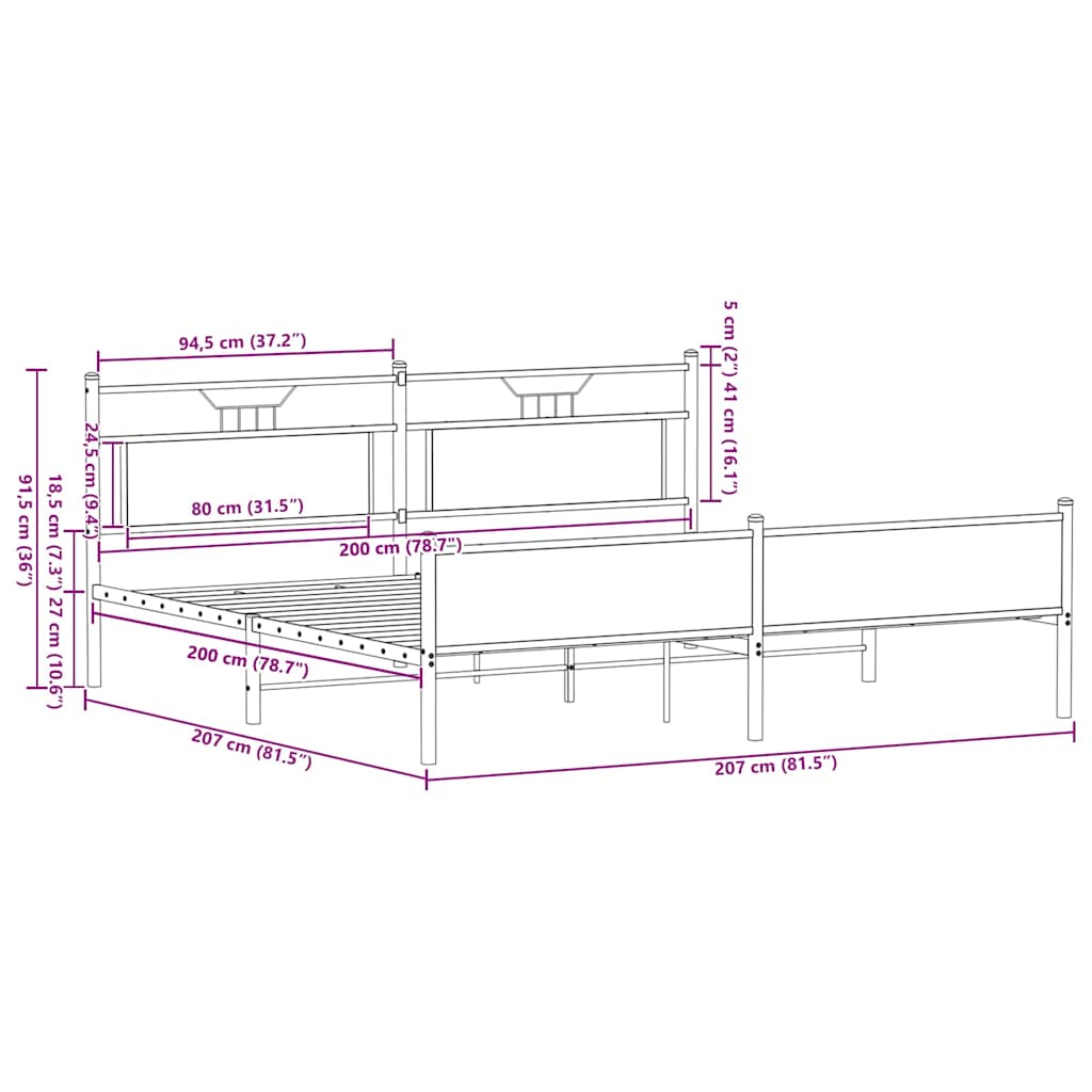 vidaXL Σκελετός Κρεβ. Χωρίς Στρώμα Καφέ Δρυς 200x200 εκ. Μεταλλικό