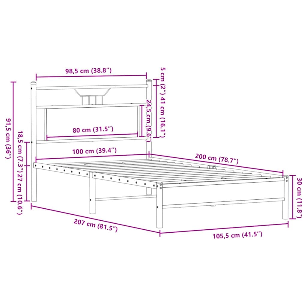 vidaXL Πλαίσιο Κρεβατιού Καπνιστή Δρυς 100x200 εκ. Επεξεργασμένο Ξύλο