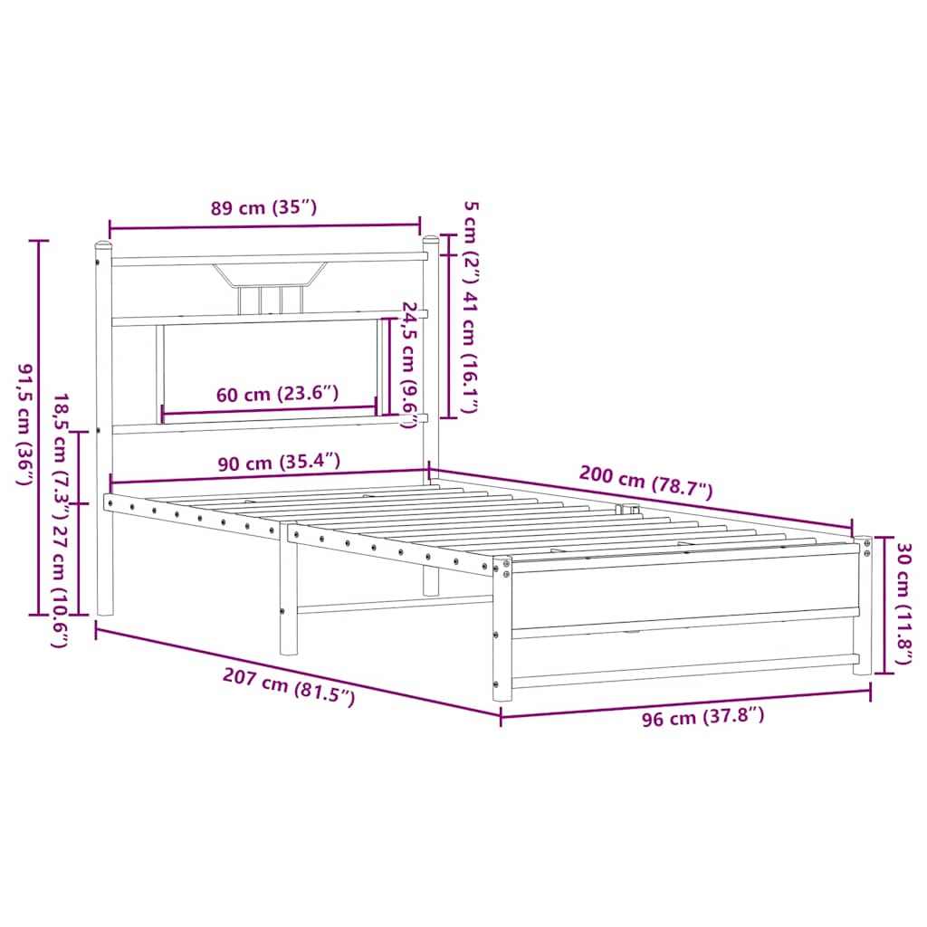 vidaXL Πλαίσιο Κρεβ. Χωρ. Στρώμα Sonoma Δρυς 90x200 εκ. Επεξ. Ξύλο