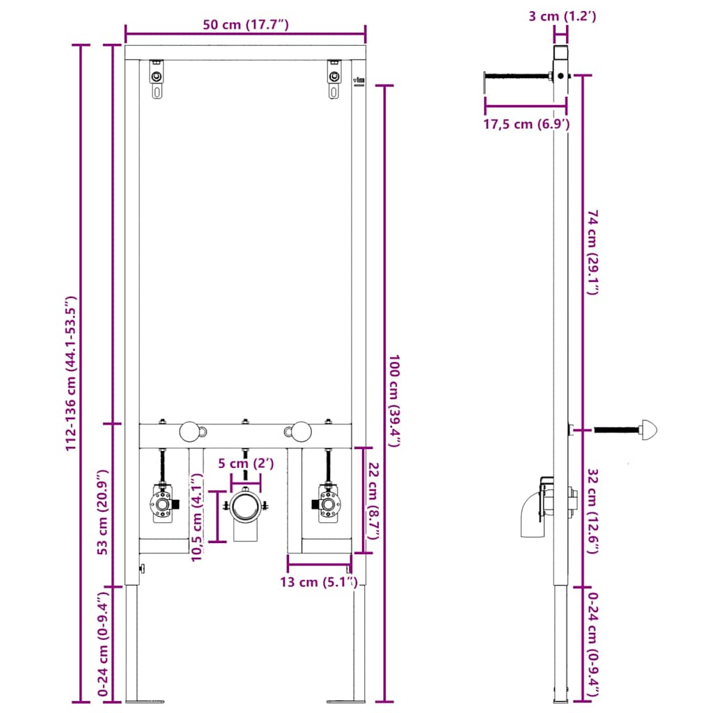 vidaXL Κρυφή Στήριξη για Μπιντέ 50x112-136 εκ Χάλυβας