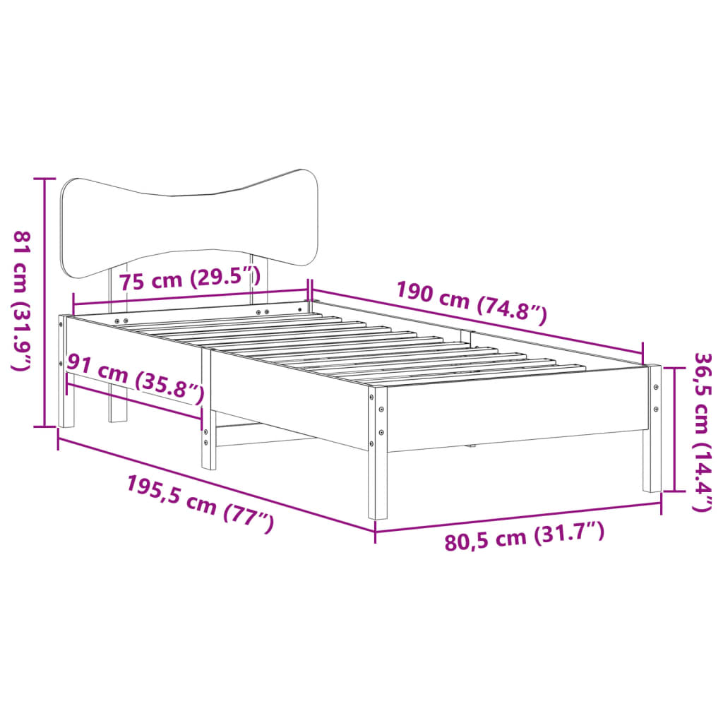 vidaXL Σκελετός Κρεβ. Χωρίς Στρώμα Καφέ Κεριού 75x190 εκ Μασίφ Πεύκο