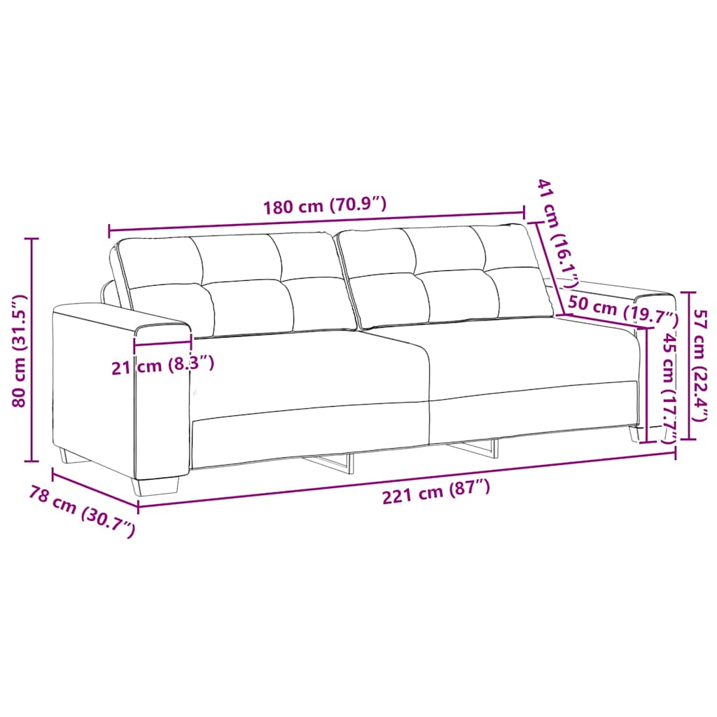 vidaXL Τριθέσιος Καναπές Μαύρος 220x78x80 εκ. Ύφασμα